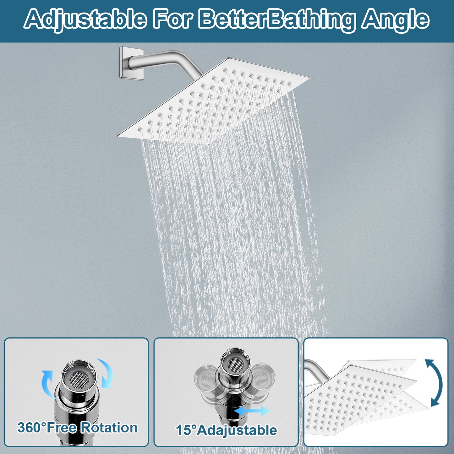 
                  
                    Midanya 8 inch Rainfall Shower Head Square Stainless Steel Rain Showerhead High Pressure Waterfall Crackproof Coverage with Silicone Nozzle 1/16" Ultra Thin Design Swivel Connector
                  
                