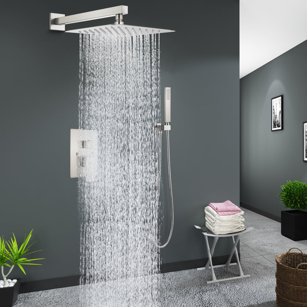 Midanya Rain Shower System 12 Inch Square Rainfall High Pressure Shower Head Wall Mount Shower Faucet Set with Hand Sprayer and Rough-in Valve Trim Kit Bathroom Mixer Shower Combo Set