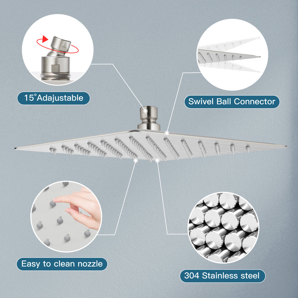 Midanya 8 inch Rainfall Shower Head Square Stainless Steel Rain Showerhead High Pressure Waterfall Crackproof Coverage with Silicone Nozzle 1/16" Ultra Thin Design Swivel Connector