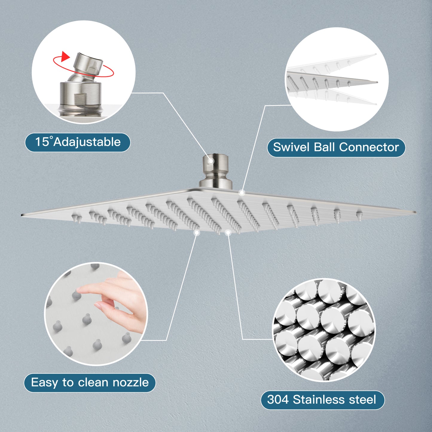 
                  
                    Midanya 8 inch Rainfall Shower Head Square Stainless Steel Rain Showerhead High Pressure Waterfall Crackproof Coverage with Silicone Nozzle 1/16" Ultra Thin Design Swivel Connector
                  
                