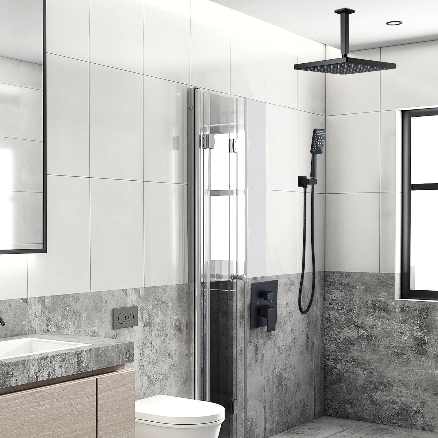 
                  
                    Midanya Shower System Ceiling Mount ABS 12 Inch Rain Shower Head with 3 Functions ABS Handheld Spray Luxury High Pressure Shower Combo Set Rough-in Valve and Shower Trim Included Bathroom
                  
                