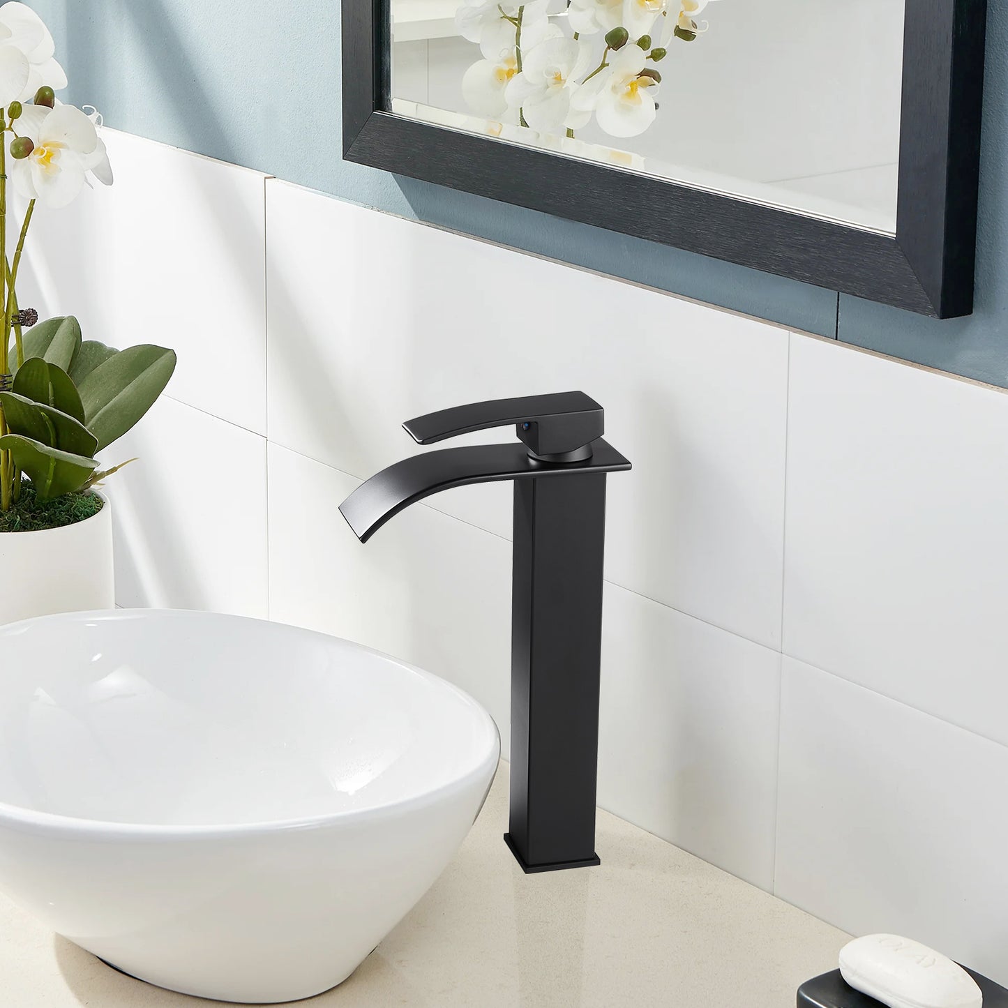 
                  
                    Midanya Waterfall Bathroom Bowl Vessel Sink Faucet Tall Single Handle Single Hole Deck Mount Mixer Tap with Large Rectangular Spout Sink Faucet Lavatory Vanity
                  
                