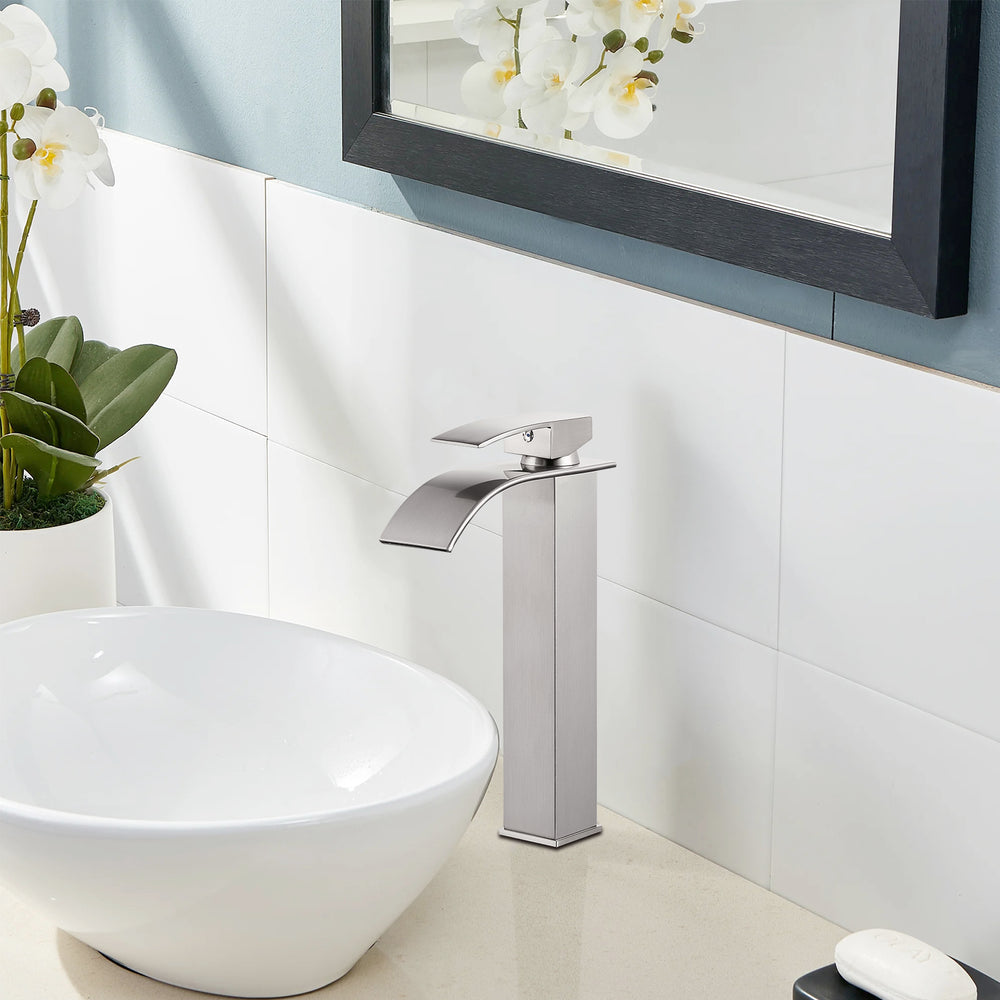 
                  
                    Midanya Waterfall Bathroom Bowl Vessel Sink Faucet Tall Single Handle Single Hole Deck Mount Mixer Tap with Large Rectangular Spout Sink Faucet Lavatory Vanity
                  
                