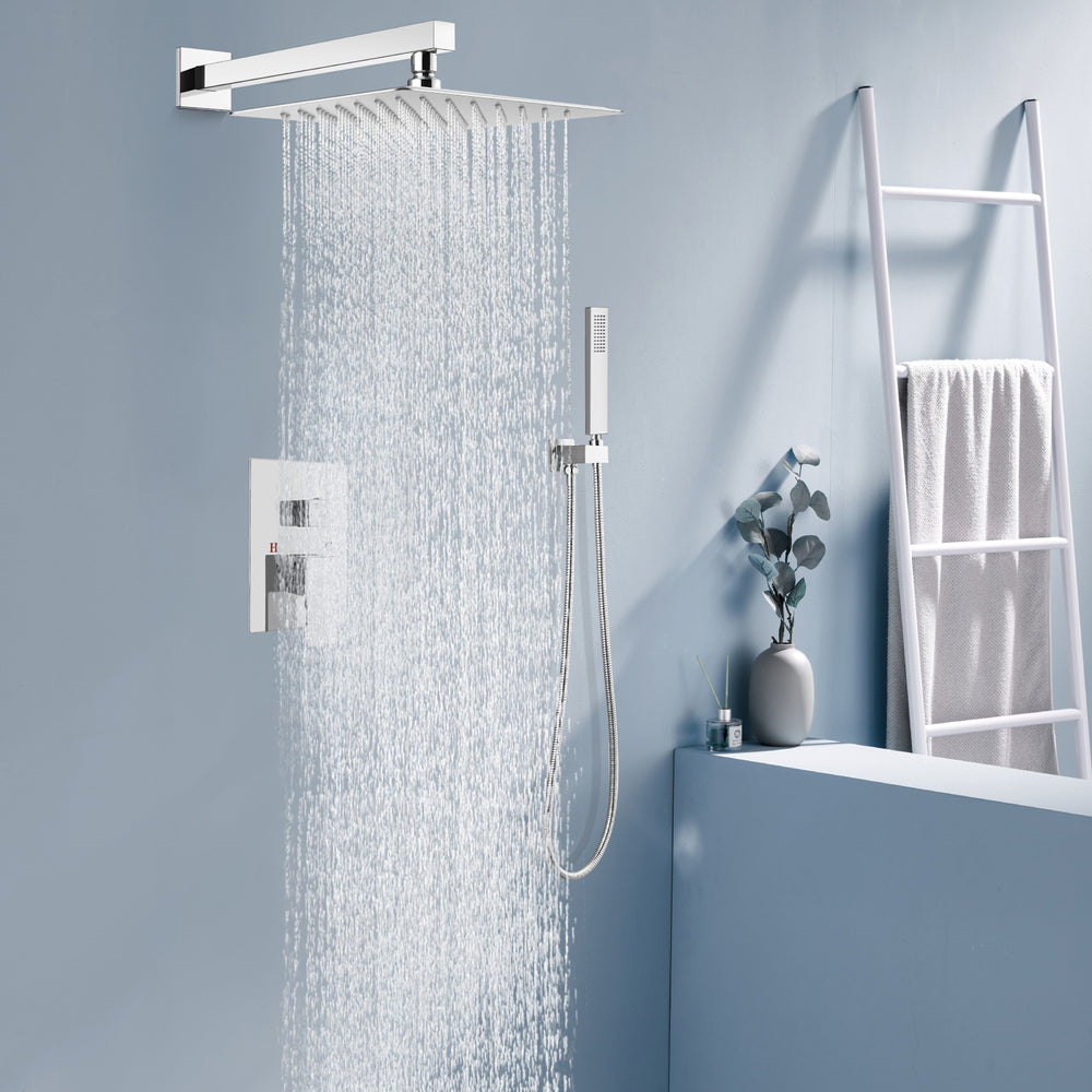 Midanya Rain Shower System 12 Inch Square Rainfall High Pressure Shower Head Wall Mount Shower Faucet Set with Hand Sprayer and Rough-in Valve Trim Kit Bathroom Mixer Shower Combo Set