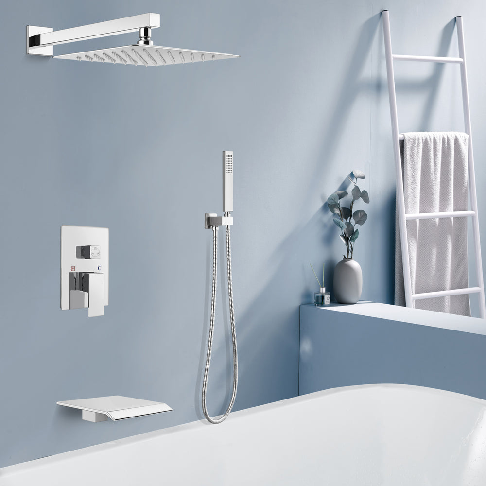 Midanya Rain Shower System Tub Shower Faucet Set 10 Inch Square Rainfall High Pressure Shower Head with Handheld Sprayer and Waterfall Tub Spout Rough-in Valve Shower Mixer Combo
