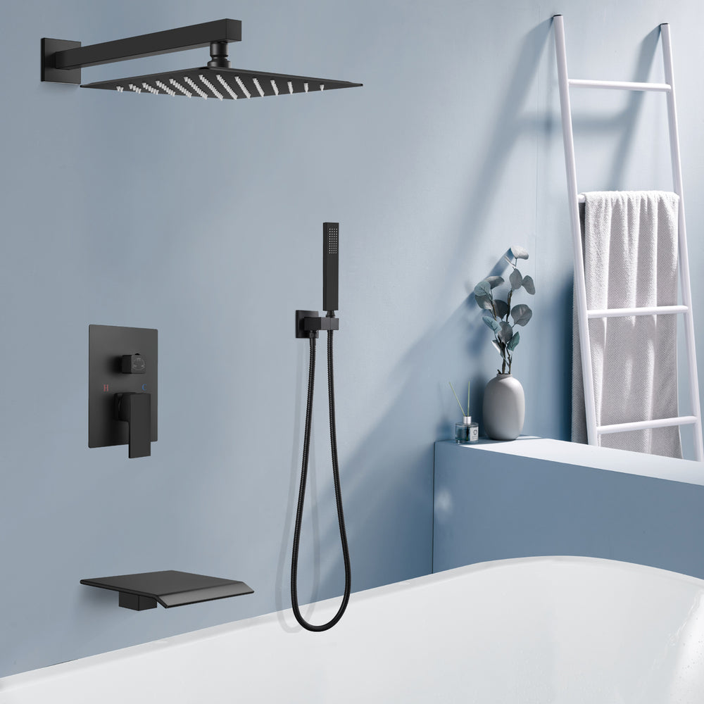 Midanya Rain Shower System Tub Shower Faucet Set 10 Inch Square Rainfall High Pressure Shower Head with Handheld Sprayer and Waterfall Tub Spout Rough-in Valve Shower Mixer Combo
