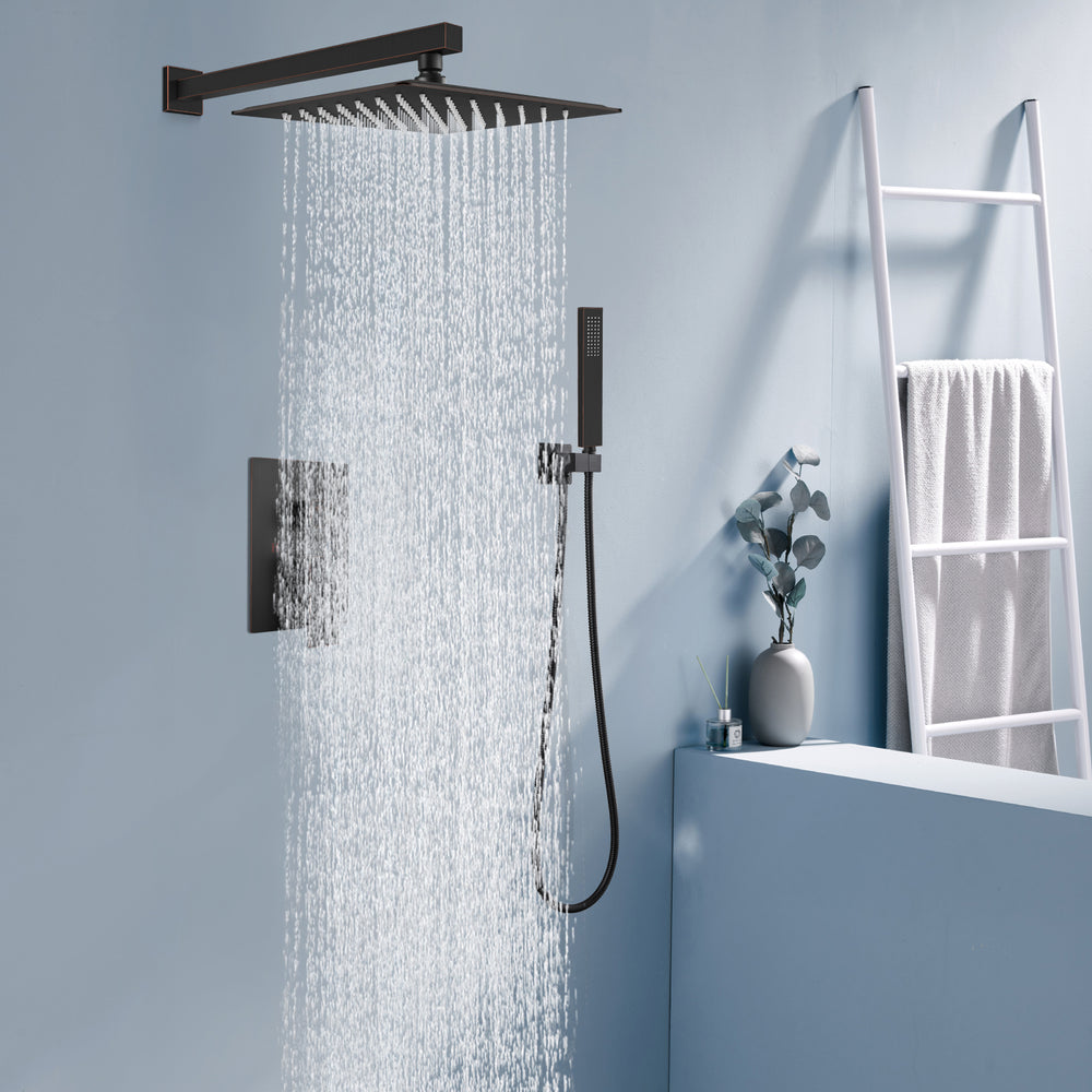 Midanya Rain Shower System 12 Inch Square Rainfall High Pressure Shower Head Wall Mount Shower Faucet Set with Hand Sprayer and Rough-in Valve Trim Kit Bathroom Mixer Shower Combo Set