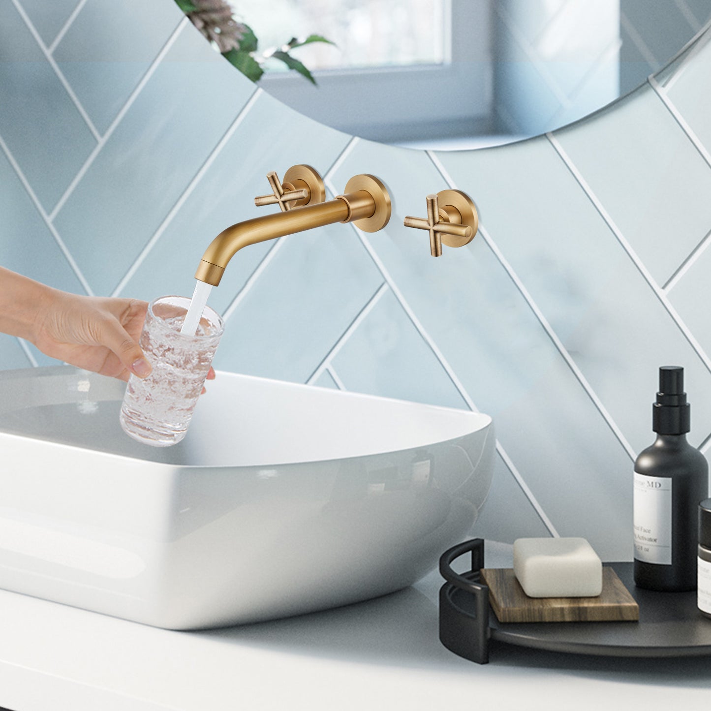 
                  
                    Midanya Bathroom Sink Faucet Wall Mounted Dual Cross Handles 3 Holes Widespread Vanity Sink Mixer Tap Lavatory Brass Basin Mixing Faucets with Rough in Valve Included Swivel Spout
                  
                