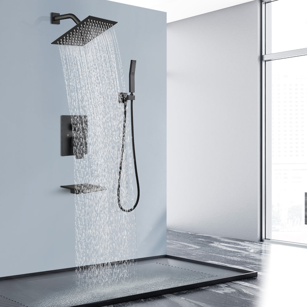 Midanya Rain Shower System Tub Shower Faucet Set 8 Inch Square Rainfall Shower Head with Handheld Sprayer and Waterfall Tub Spout Rough-in Valve Shower Mixer Combo