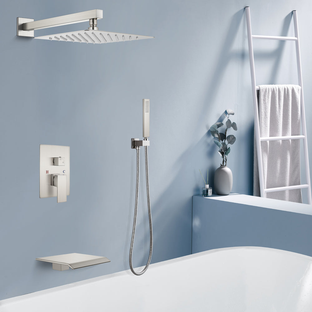 Midanya Rain Shower System Tub Shower Faucet Set 10 Inch Square Rainfall High Pressure Shower Head with Handheld Sprayer and Waterfall Tub Spout Rough-in Valve Shower Mixer Combo