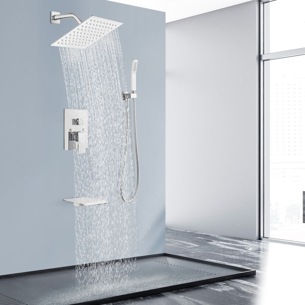 Midanya Rain Shower System Tub Shower Faucet Set 8 Inch Square Rainfall Shower Head with Handheld Sprayer and Waterfall Tub Spout Rough-in Valve Shower Mixer Combo