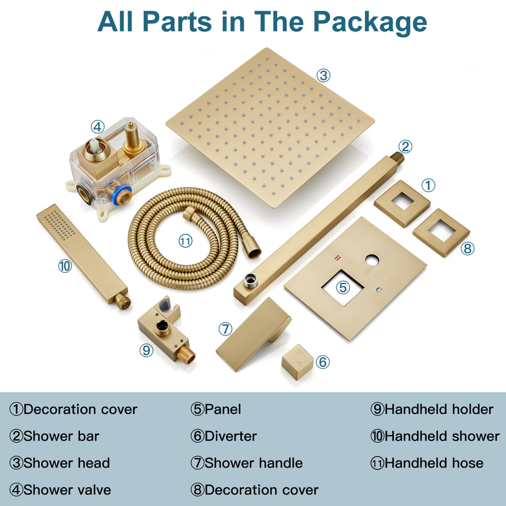 Midanya Rain Shower System 12 Inch Square Rainfall High Pressure Shower Head Wall Mount Shower Faucet Set with Hand Sprayer and Rough-in Valve Trim Kit Bathroom Mixer Shower Combo Set