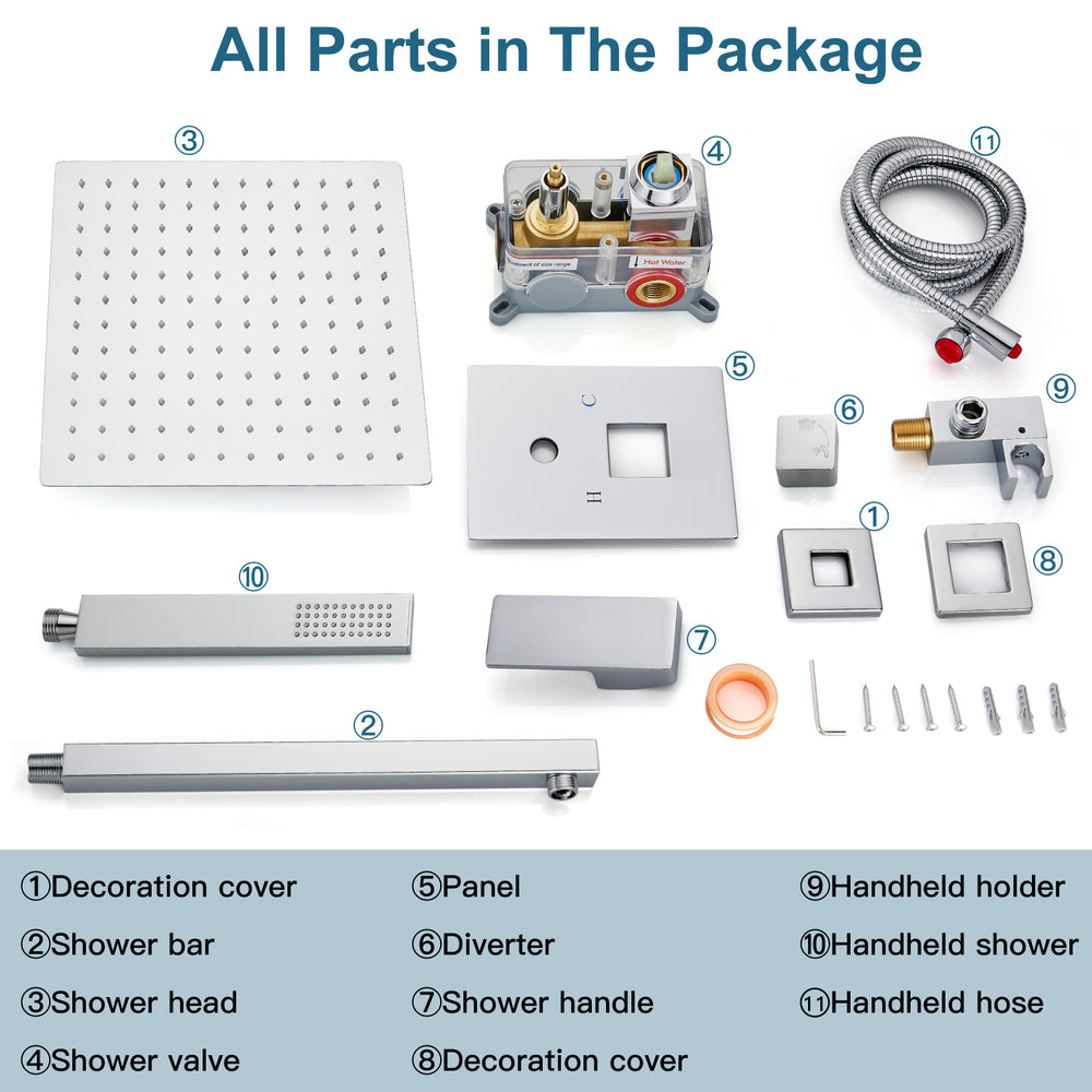 Midanya Rain Shower System 12 Inch Square Rainfall High Pressure Shower Head Wall Mount Shower Faucet Set with Hand Sprayer and Rough-in Valve Trim Kit Bathroom Mixer Shower Combo Set