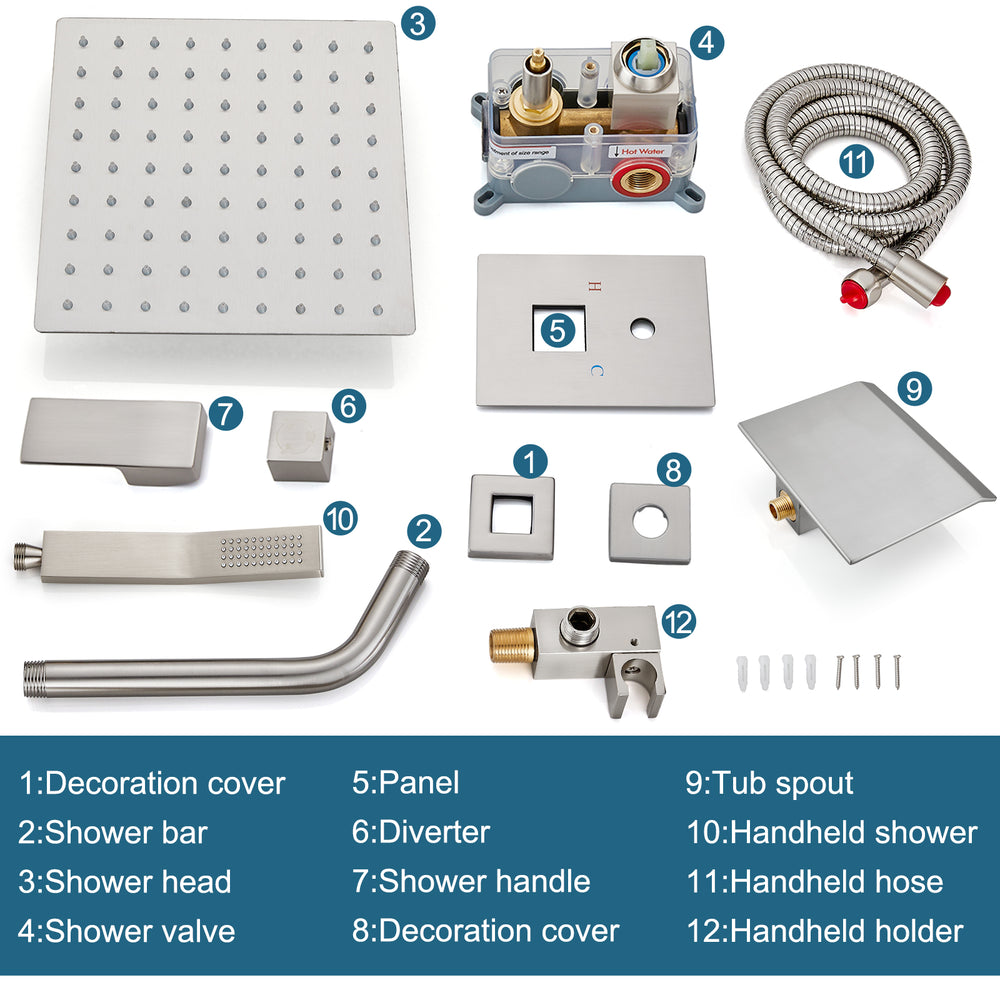 Midanya Rain Shower System Tub Shower Faucet Set 8 Inch Square Rainfall Shower Head with Handheld Sprayer and Waterfall Tub Spout Rough-in Valve Shower Mixer Combo