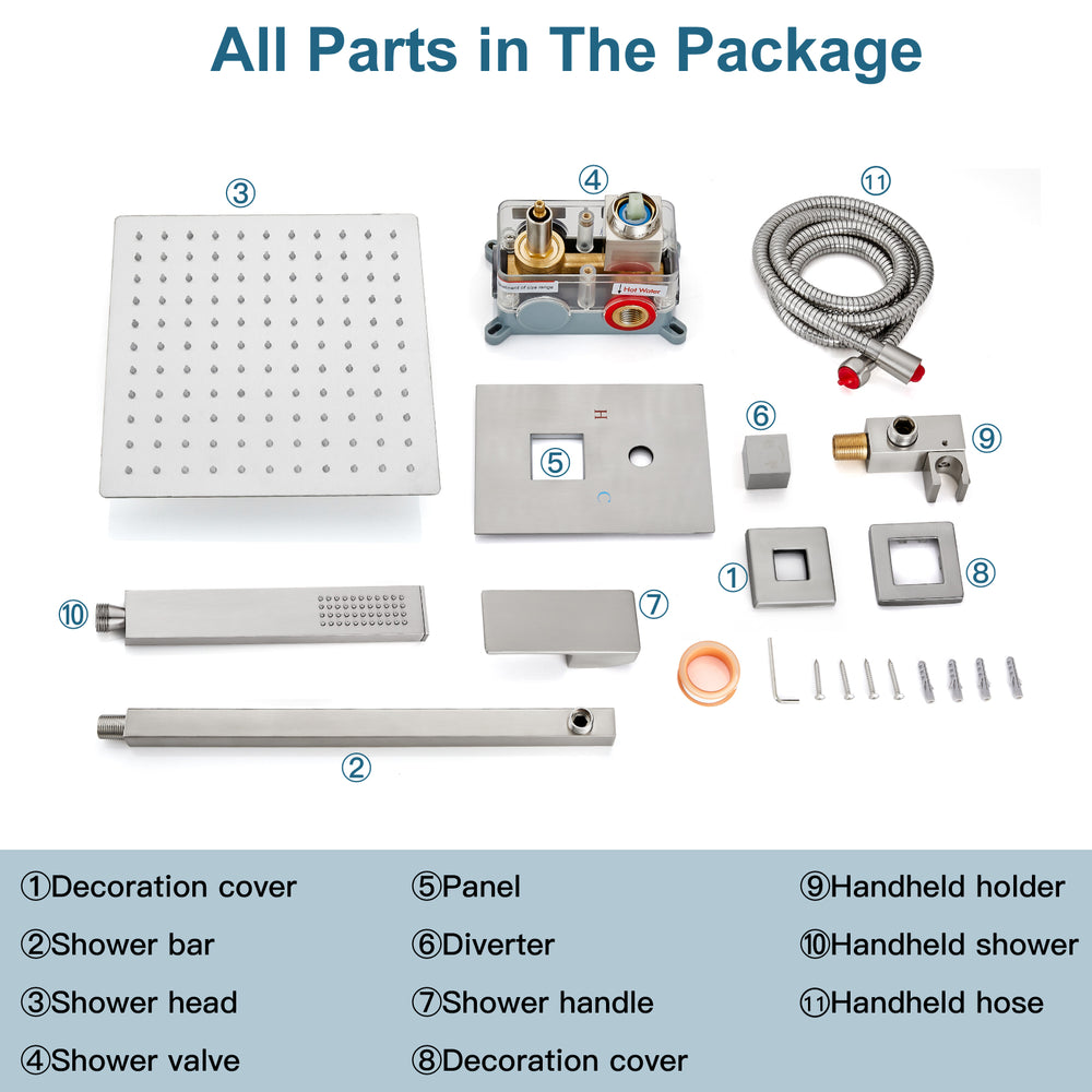 Midanya Rain Shower System 12 Inch Square Rainfall High Pressure Shower Head Wall Mount Shower Faucet Set with Hand Sprayer and Rough-in Valve Trim Kit Bathroom Mixer Shower Combo Set